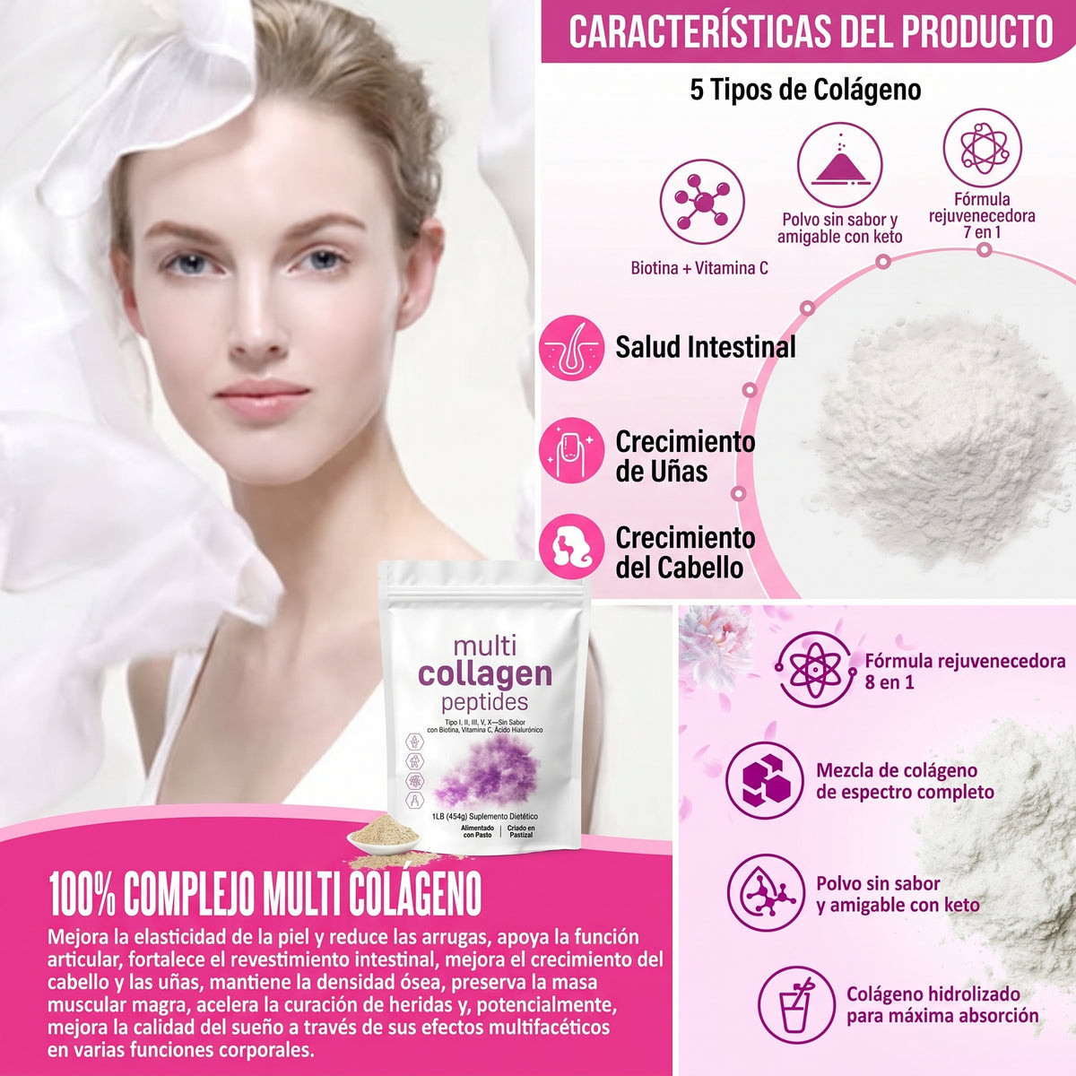 Multi Colágeno en Polvo Sin Sabor 454 g – Biotina + Ácido Hialurónico