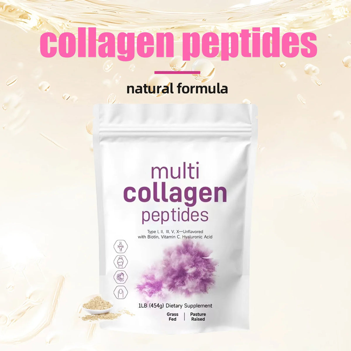 Multi Colágeno en Polvo Sin Sabor 454 g – Biotina + Ácido Hialurónico